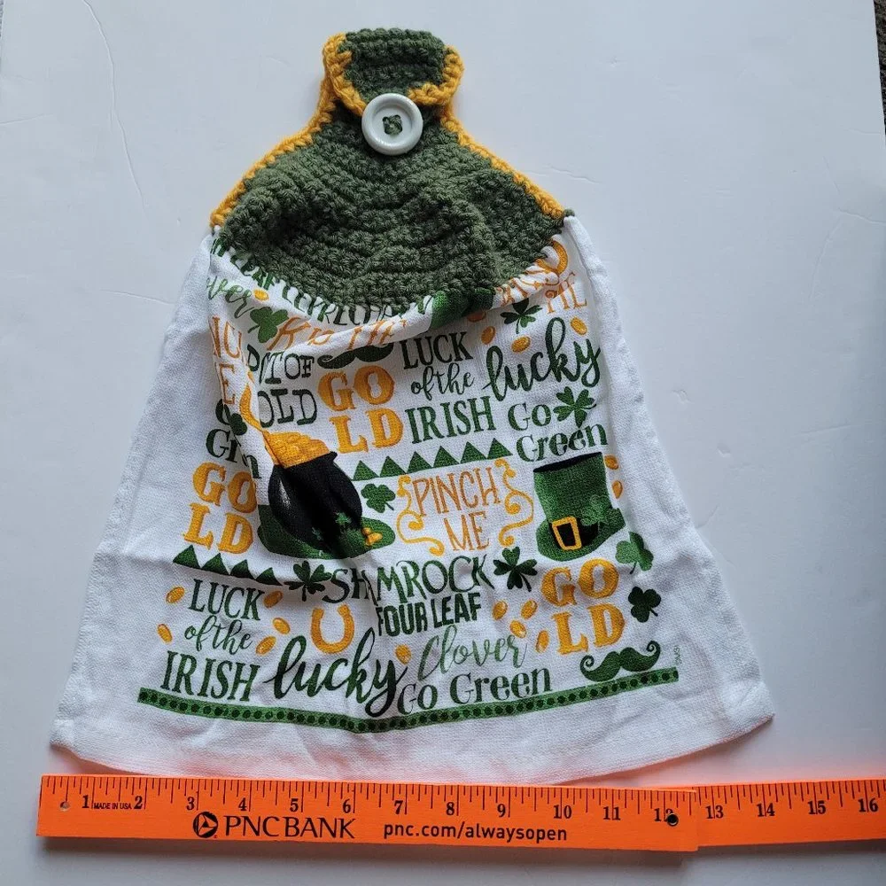 Handmade Kitchen Towel Irish Lucky Gold Crotchet Top With Button For Hanging